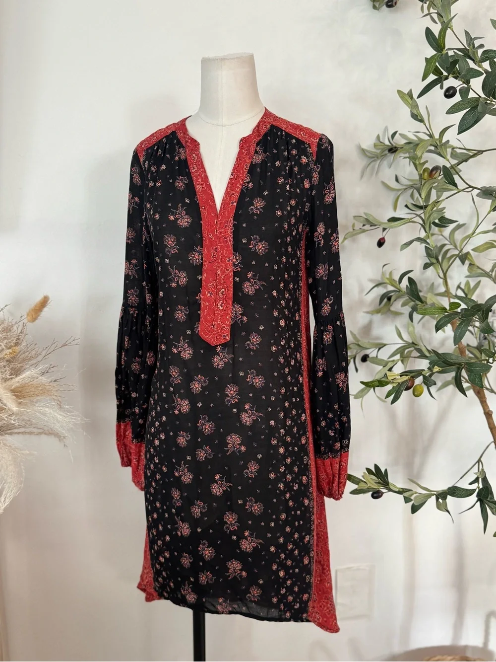 Free People XS Black Red Floral Paisley Tunic Dress Boho Long Sleeve